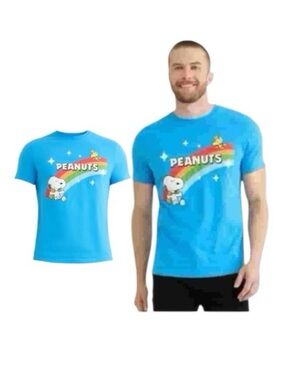 Peanuts Snoopy And Rainstock Blue Short Sleeve Tee with Rainbow Design